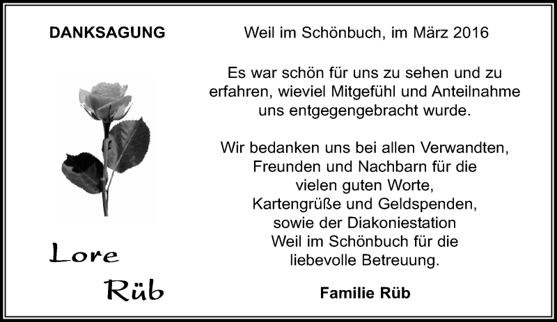  Traueranzeige für Lore Rüb vom 10.03.2016 aus Kreiszeitung Böblinger Bote