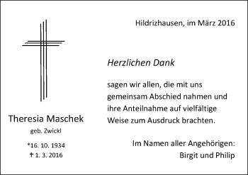 Traueranzeige von Theresia Maschek von Kreiszeitung Böblinger Bote