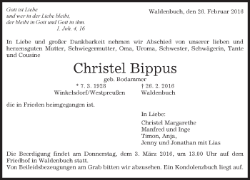 Traueranzeige von Christel Bippus von Kreiszeitung Böblinger Bote