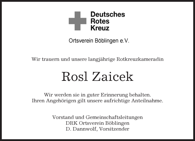  Traueranzeige für Rosl Zaicek vom 09.03.2016 aus Kreiszeitung Böblinger Bote