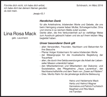 Traueranzeige von Lina Rosa Mack von Kreiszeitung Böblinger Bote