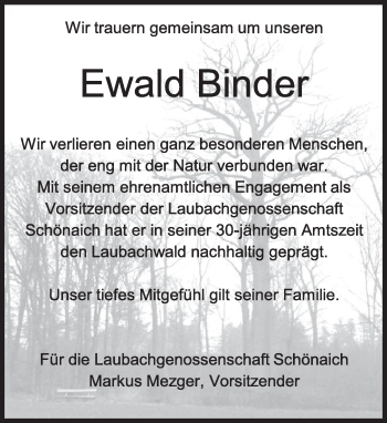Traueranzeige von Ewald Binder von Kreiszeitung Böblinger Bote