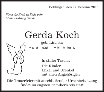 Traueranzeige von Gerda Koch von Kreiszeitung Böblinger Bote