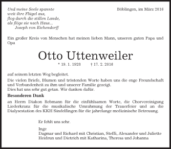 Traueranzeige von Otto Uttenweiler von Kreiszeitung Böblinger Bote