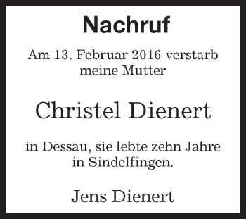 Traueranzeige von Christel Dienert von Kreiszeitung Böblinger Bote