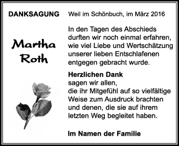 Traueranzeige von Martha Roth von Kreiszeitung Böblinger Bote