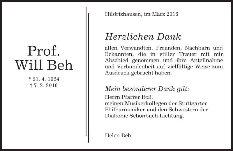  Traueranzeige für Will Beh vom 02.03.2016 aus Kreiszeitung Böblinger Bote