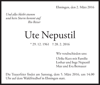 Traueranzeige von Ute Nepustil von Kreiszeitung Böblinger Bote