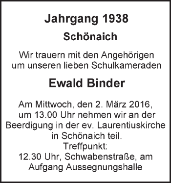 Traueranzeige von Ewald Binder von Kreiszeitung Böblinger Bote