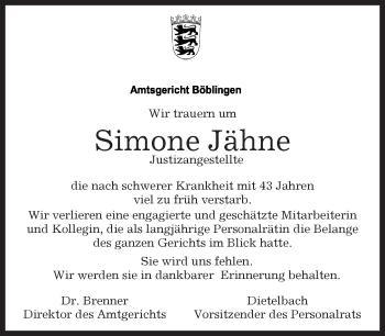 Traueranzeige von Simone Jähne von Kreiszeitung Böblinger Bote