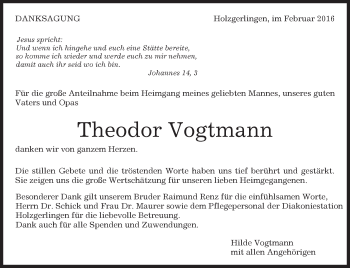 Traueranzeige von Theodor Vogtmann von Kreiszeitung Böblinger Bote