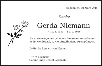 Traueranzeige von Gerda Niemann von Kreiszeitung Böblinger Bote