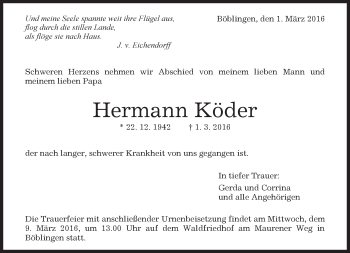 Traueranzeige von Hermann Köder von Kreiszeitung Böblinger Bote