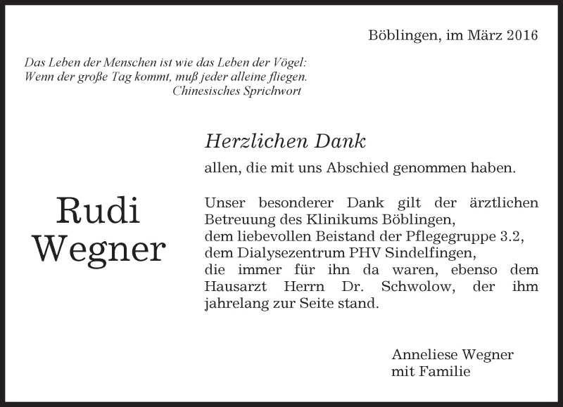  Traueranzeige für Rudi Wegner vom 08.03.2016 aus Kreiszeitung Böblinger Bote