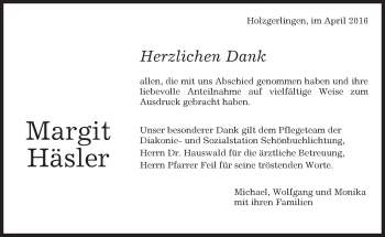 Traueranzeige von Margit Häsler von Kreiszeitung Böblinger Bote