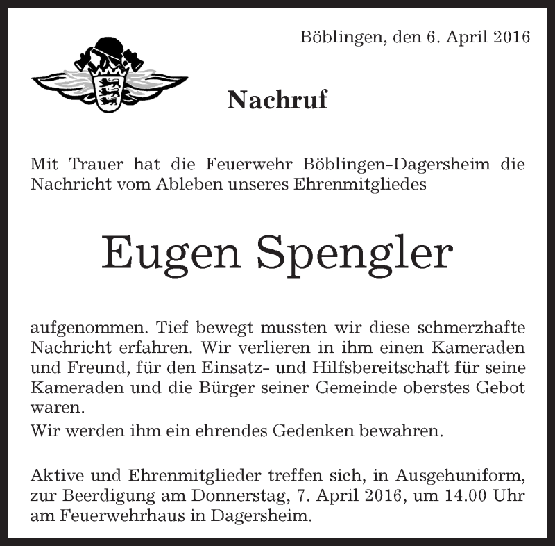  Traueranzeige für Eugen Spengler vom 06.04.2016 aus Kreiszeitung Böblinger Bote