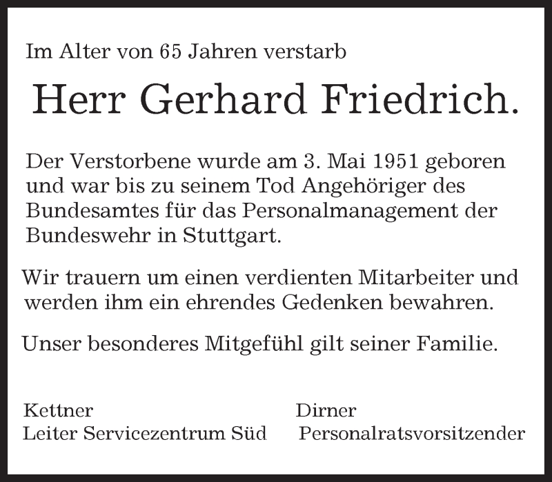  Traueranzeige für Gerhard Friedrich vom 09.04.2016 aus Kreiszeitung Böblinger Bote