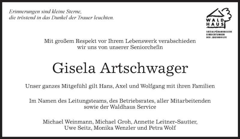  Traueranzeige für Gisela Artschwager vom 20.04.2016 aus Kreiszeitung Böblinger Bote