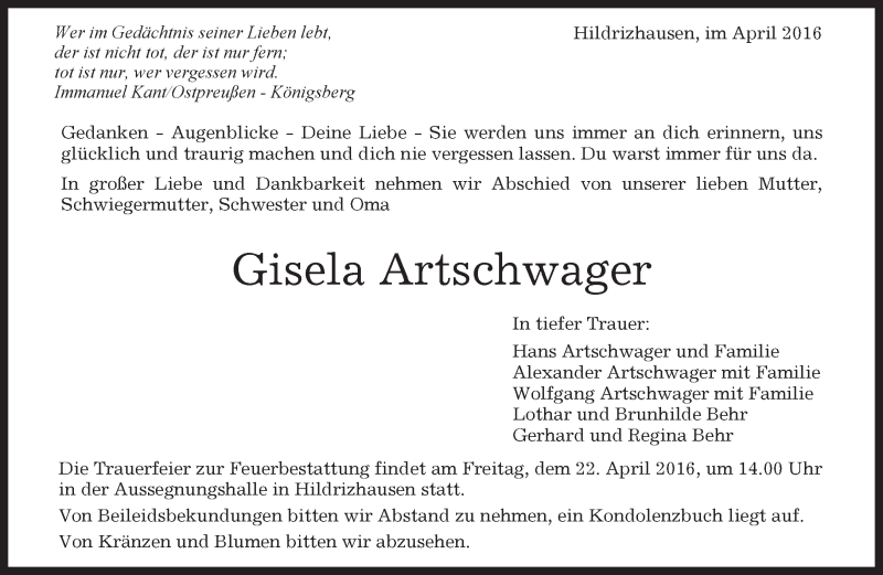  Traueranzeige für Gisela Artschwager vom 20.04.2016 aus Kreiszeitung Böblinger Bote
