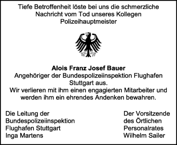 Traueranzeige von Alois Franz Josef Bauer von Kreiszeitung Böblinger Bote