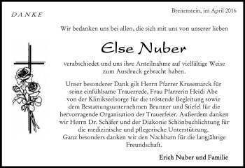 Traueranzeige von Else Nuber von Kreiszeitung Böblinger Bote