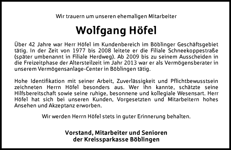  Traueranzeige für Wolfgang Höfel vom 21.04.2016 aus Kreiszeitung Böblinger Bote