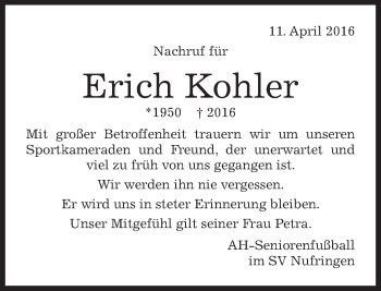 Traueranzeige von Erich Kohler von Kreiszeitung Böblinger Bote