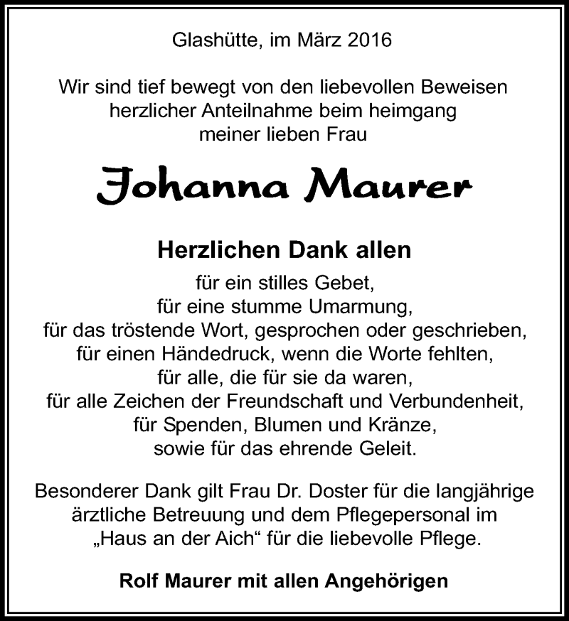  Traueranzeige für Johanna Maurer vom 01.04.2016 aus Kreiszeitung Böblinger Bote