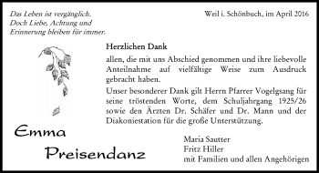 Traueranzeige von Emma Preisedanz von Kreiszeitung Böblinger Bote