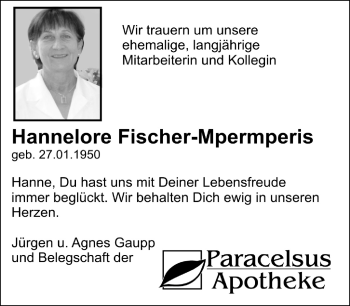 Traueranzeige von Hannelore Fischer- Mpermperis von Kreiszeitung Böblinger Bote