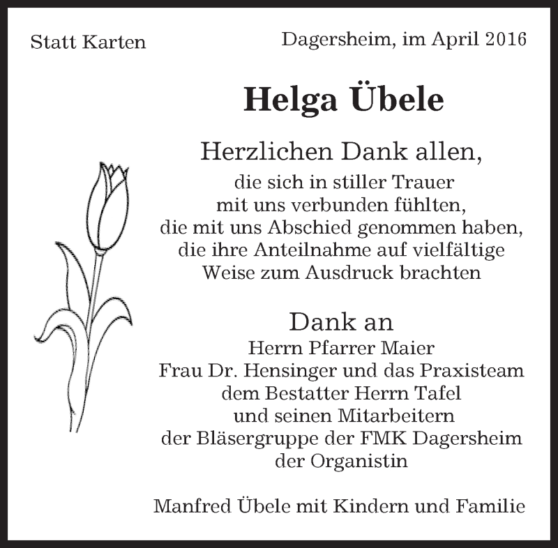  Traueranzeige für Helga Übele vom 05.05.2016 aus Kreiszeitung Böblinger Bote