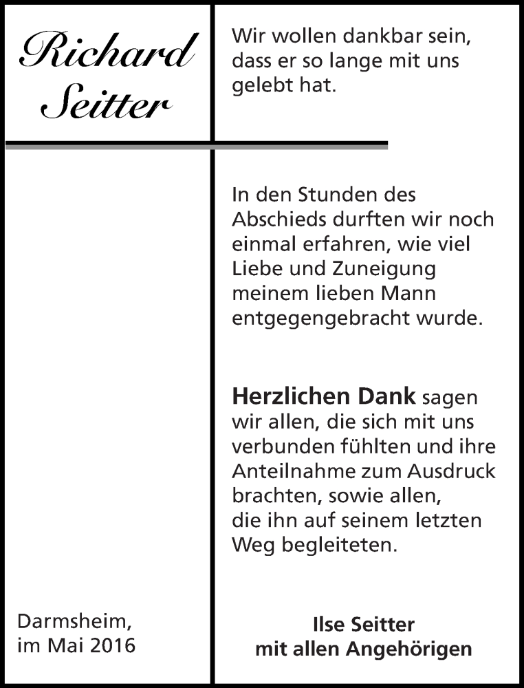  Traueranzeige für Richard Seitter vom 04.05.2016 aus Kreiszeitung Böblinger Bote