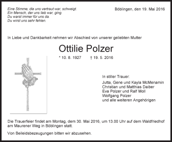 Traueranzeige von Ottilie Polzer von Kreiszeitung Böblinger Bote