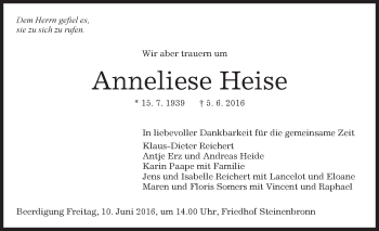 Traueranzeige von Anneliese Heise von Kreiszeitung Böblinger Bote