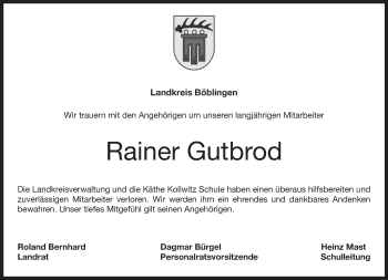 Traueranzeige von Rainer Gutbrod von Kreiszeitung Böblinger Bote