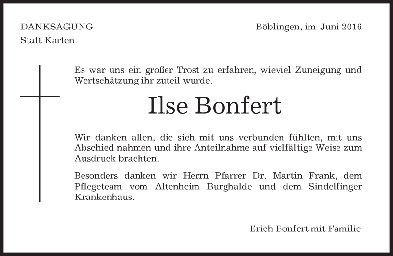  Traueranzeige für Ilse Bonfert vom 02.06.2016 aus Kreiszeitung Böblinger Bote