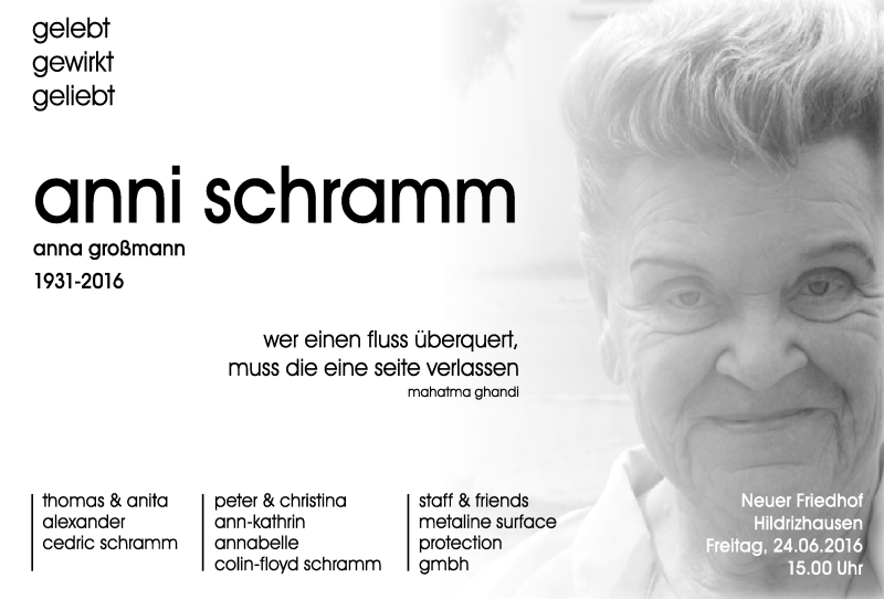  Traueranzeige für Anni Schramm vom 22.06.2016 aus Kreiszeitung Böblinger Bote