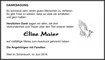 Traueranzeige von Elise Maier von Kreiszeitung Böblinger Bote