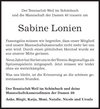 Traueranzeige von Sabine Lonien von Kreiszeitung Böblinger Bote