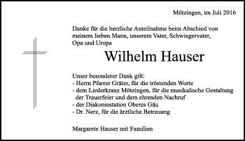 Traueranzeige von Wilhelm Hauser von Kreiszeitung Böblinger Bote