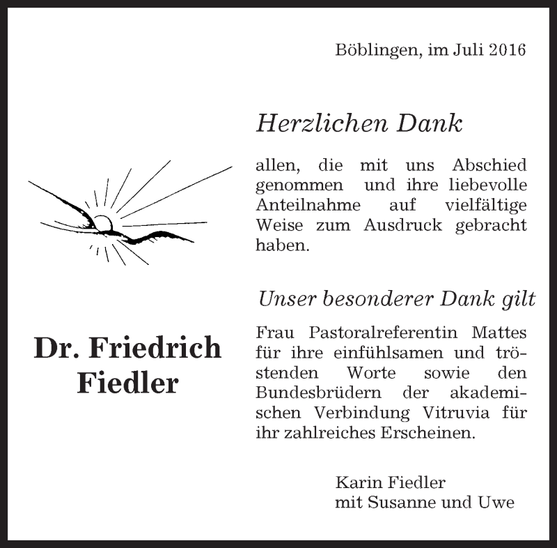  Traueranzeige für Friedrich Fiedler vom 16.07.2016 aus Kreiszeitung Böblinger Bote