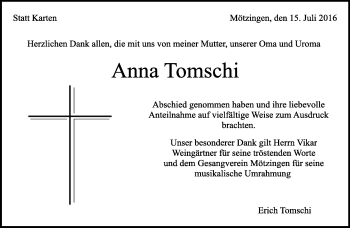 Traueranzeige von Anna Tomschi von Kreiszeitung Böblinger Bote