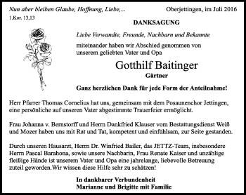 Traueranzeige von Gotthilf Baitinger von Kreiszeitung Böblinger Bote