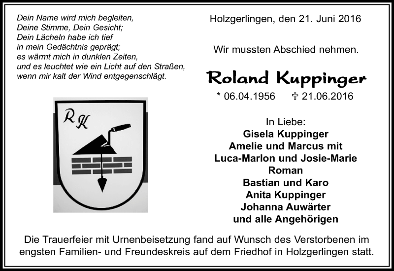  Traueranzeige für Roland Kuppinger vom 01.07.2016 aus Kreiszeitung Böblinger Bote