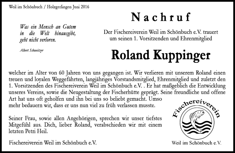  Traueranzeige für Roland Kuppinger vom 07.07.2016 aus Kreiszeitung Böblinger Bote