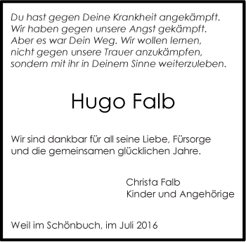 Traueranzeige von Hugo Falb von Kreiszeitung Böblinger Bote