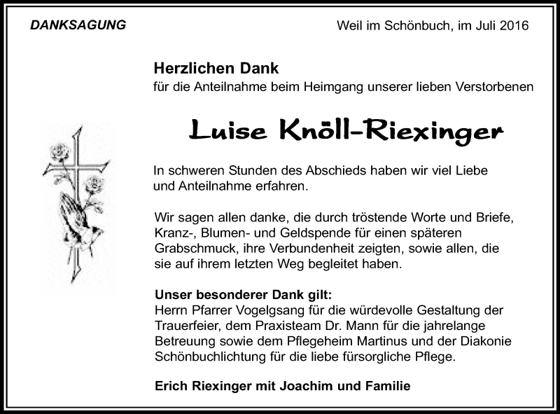  Traueranzeige für Luise Knöll-Riexinger vom 21.07.2016 aus Kreiszeitung Böblinger Bote