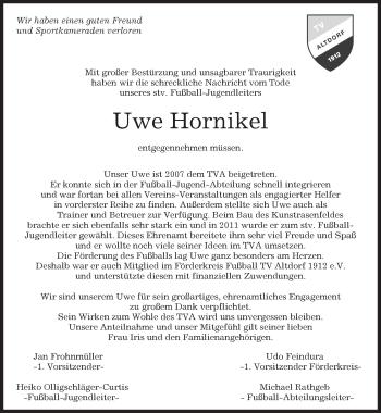 Traueranzeige von Uwe Hornikel von Kreiszeitung Böblinger Bote