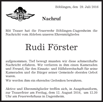 Traueranzeige von Rudi Förster von Kreiszeitung Böblinger Bote