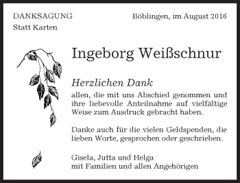Traueranzeige von Ingeborg Weißschnur von Kreiszeitung Böblinger Bote